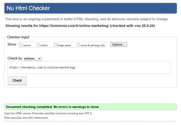 W3C Nu HTML Checker — holomnia.com/tr/online-marketing/ sayfasında hata ve uyarı bulunamadı